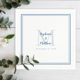 Servilleta De Papel Nombres y fecha de boda modernos Monograma azul bl