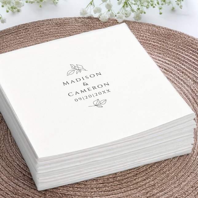Servilleta De Papel Nombres y fechas elegantes de la boda hojas negro  (Names & Date Elegant Wedding Leaves Black & White Napkins)