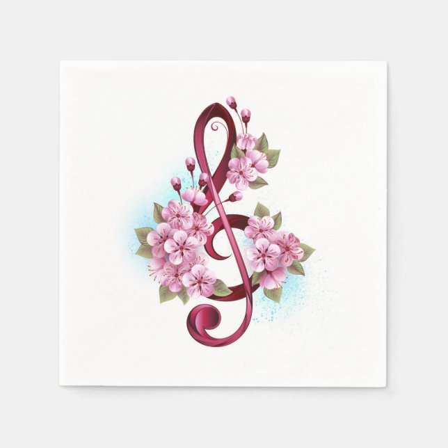 Servilleta De Papel Notas de clave de sol musical con flores de Sakura (Anverso)