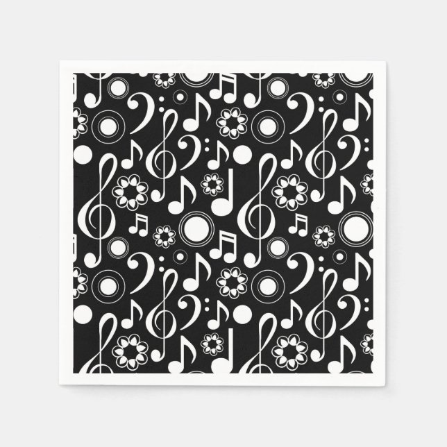 Servilleta De Papel Notas de música y Clefs - Blanco sobre negro (Anverso)