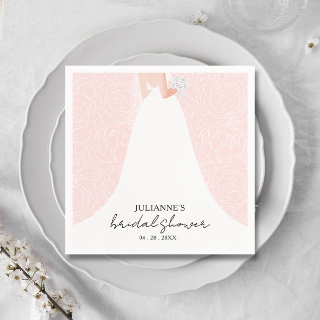 Servilleta De Papel Novia elegante en ducha de novia rosa (Elegant bride in her gown on a background of sketched roses on pink bridal shower napkins)