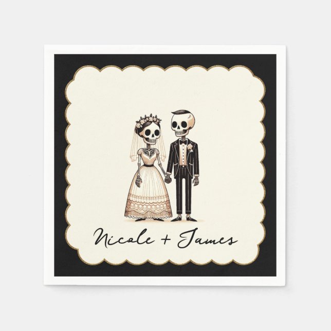 Servilleta De Papel Novia + Novio Esqueleto de Dibujos Animados Boda C (Anverso)