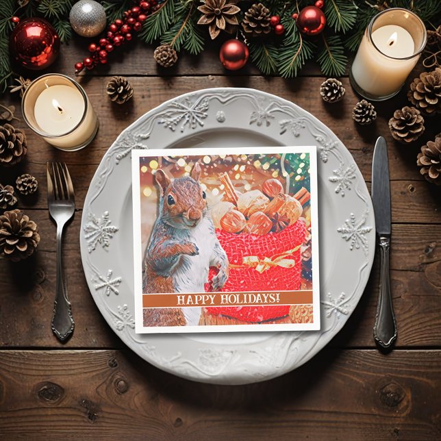 Servilleta De Papel Nueces de Navidades de ardilla (A cute squirrel in front of the Christmas tree makes a sweet custom cocktail napkin for your party.)