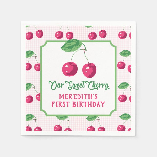 Servilleta De Papel "Nuestra dulce cereza" cumpleaños rosa y verde (Anverso)