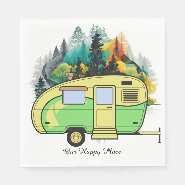 Servilleta De Papel Nuestro Lugar Feliz. Placa de papel de camping ret (Anverso)