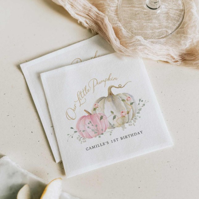 Servilleta De Papel Nuestro pequeño Chica de calabaza primer cumpleaño (Pink Pumpkin Fall Girl birthday Party Napkins)