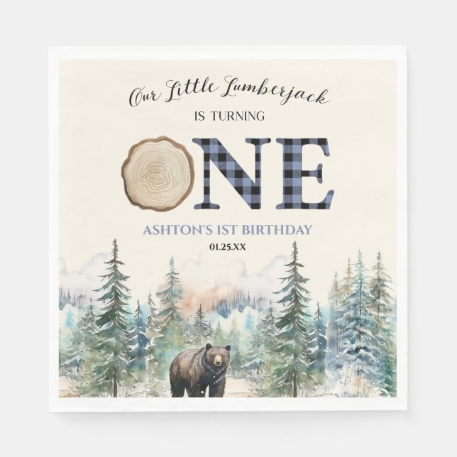 Servilleta De Papel Nuestro pequeño Lumberjack Oso Azul Primer Fiesta  (Anverso)