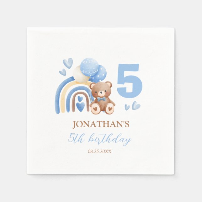 Servilleta De Papel Nuestro pequeño oso cumpleaños con globo arcoiris (Anverso)