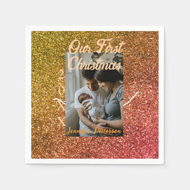 Servilleta De Papel Nuestro primer año de foto purpurina rojo naranja  (Anverso)