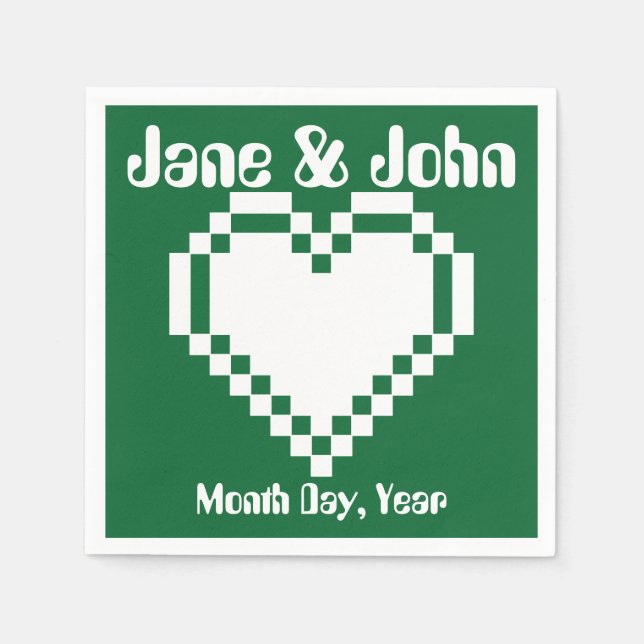Servilleta De Papel Nuestros corazones de 8 bits en servilletas verdes (Anverso)