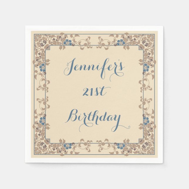 Servilleta De Papel Nuevo borde floral de arte azul y crema (Anverso)