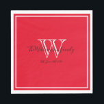 Servilleta De Papel Nuevo regalo Monograma Guión Papel Rojo<br><div class="desc">Los recién casados regalan Monograma Nombre Script Red Paper Napkins. El tamaño normal del almuerzo sólo está disponible. Diseño de monograma blanco personalizado con el apellido y fecha de la recién casada novia y el novio impresos con letras negras en un rico fondo rojo. Un regalo único para los recién...</div>