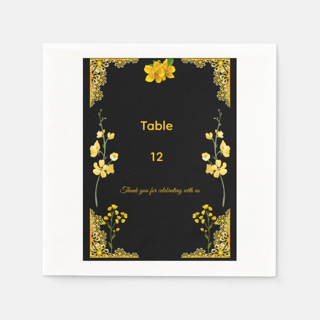 Servilleta De Papel Número de Mesa de Boda Negro y Dorado (Anverso)