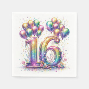 Servilleta De Papel Número Purpurinoso 16 con globos y confetti