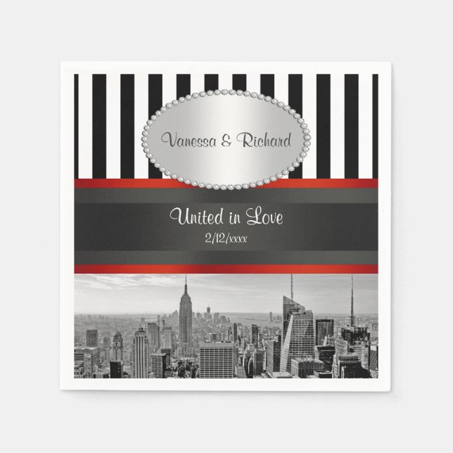 Servilleta De Papel NYC Skyline BW Black White Stripe P Boda (Anverso)
