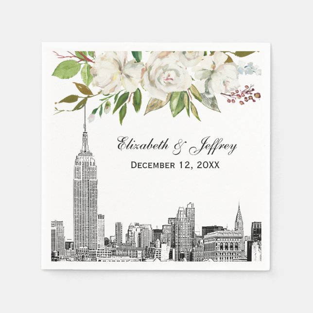 Servilleta De Papel NYC Skyline ESB Boda de acuarela floral blanca (Anverso)