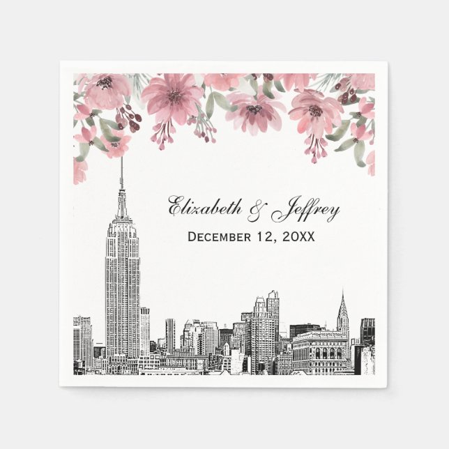 Servilleta De Papel NYC Skyline ESB Etch Pink Floral acuarela (Anverso)