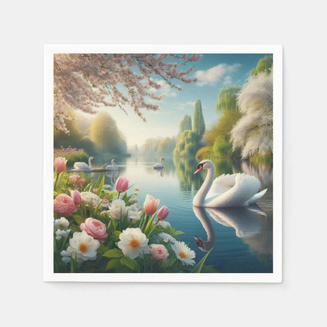 Servilleta De Papel Obra artística de primavera de lagos de cisne flor (Anverso)