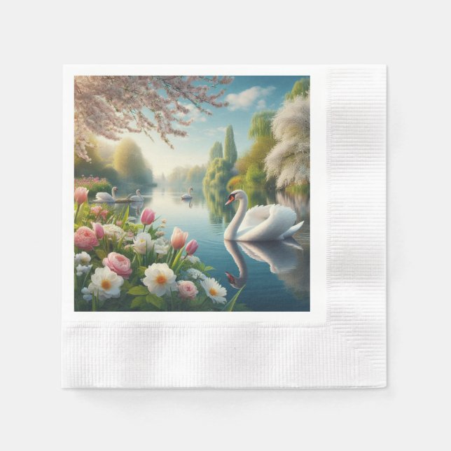 Servilleta De Papel Obra artística de primavera de lagos de cisne flor (Anverso)