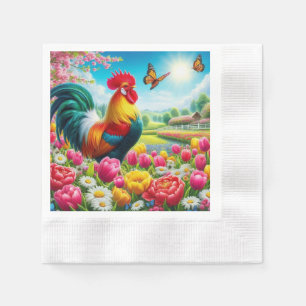 Servilleta De Papel Obra de arte de gallos/gallos/gallinas con flores/