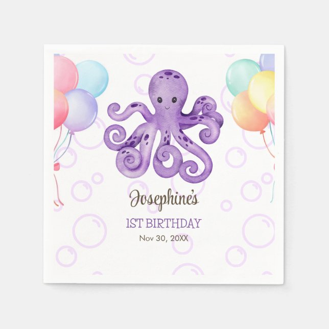 Servilleta De Papel Octopus Balloon Purple Bubble Kids Cumpleaños (Anverso)