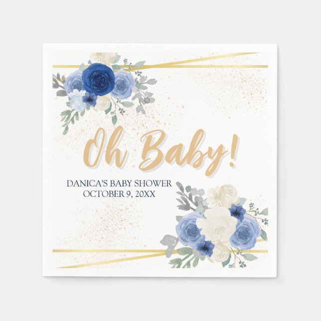 Servilleta De Papel Oh Baby Blue Floral & Gold Napkins (Anverso)