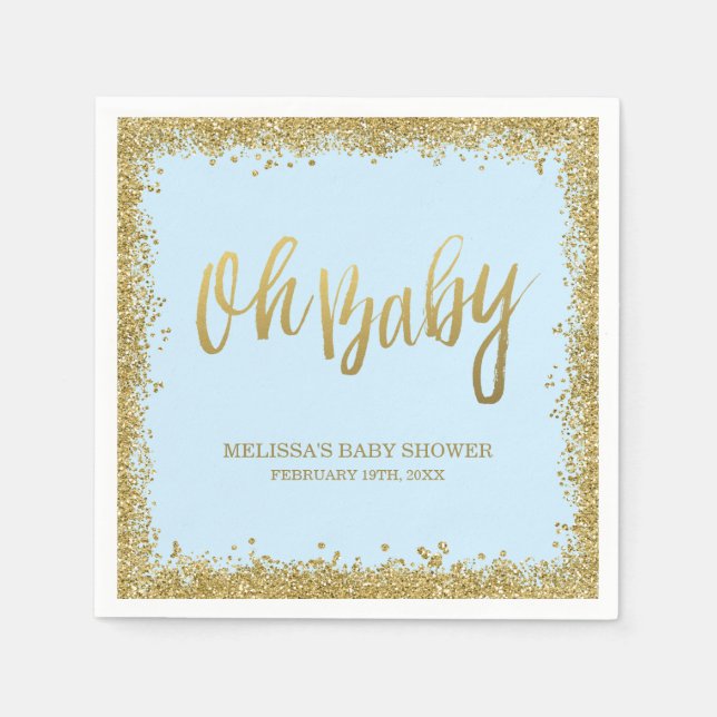 Servilleta De Papel Oh Baby Blue Gold Purpurina Baby Shower (Anverso)