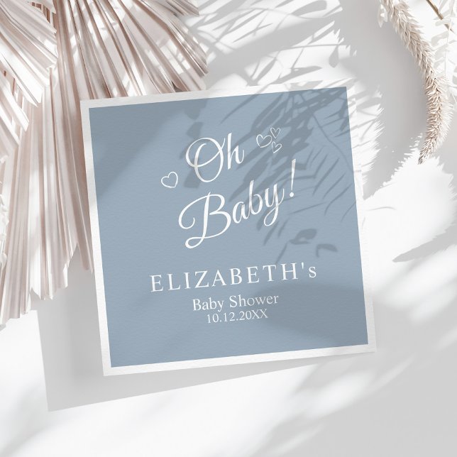 Servilleta De Papel "Oh Baby" Dusty Blue Modern Baby Shower Minimalist ("Oh Baby" Dusty Blue Modern Minimalist Baby Shower Napkins on a sunny white boho table.)