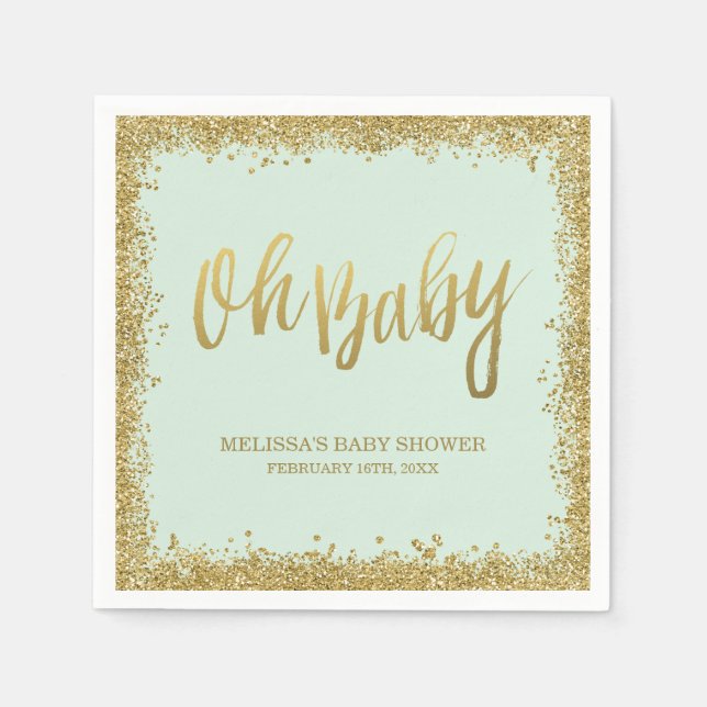 Servilleta De Papel Oh Baby Mint Gold Purpurina Baby Shower (Anverso)