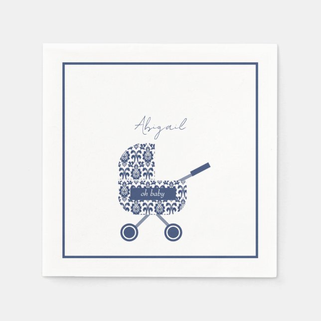 Servilleta De Papel Oh Baby Navy Damask Pram Baby Shower (Anverso)