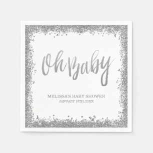 Servilleta De Papel Oh Baby White Silver Faux Purpurina Baby Shower