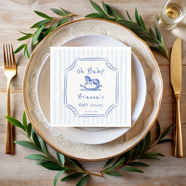 Servilleta De Papel Oh bebé azul mecanografía de caballo bebé ducha de (Oh baby blue rocking horse handrawn sketch baby shower  monogrammed napkins personalized table decor)