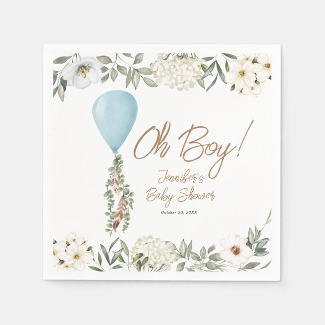 Servilleta De Papel Oh Boy Blue Boho Balloon Baby Shower (Anverso)