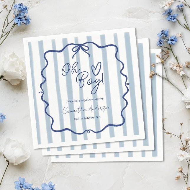 Servilleta De Papel Oh Boy Cute Whimsical Blue Stripes Baby Shower (Subido por el creador)