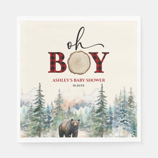 Servilleta De Papel Oh Boy Lumberjack Woodland Forest Bear Baby Shower (Anverso)