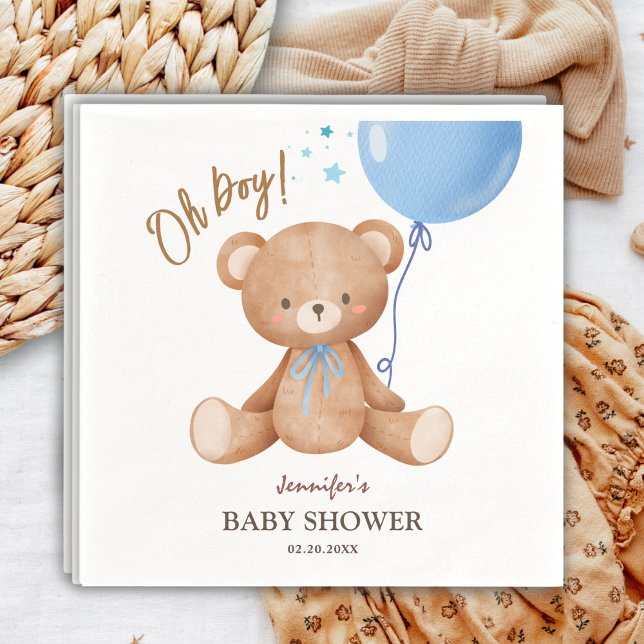 Servilleta De Papel Oh, chico | Baby Shower con globo azul Teddy Bear (Subido por el creador)