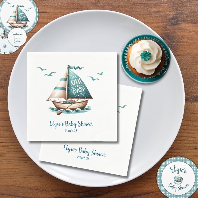 Servilleta De Papel "Oh, nena" Papel de Baby Shower Nautical ("Oh, Baby" Nautical Sailor Baby Shower Napkins)