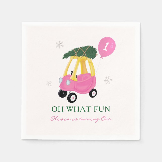 Servilleta De Papel Oh What Fun Pink Christmas Car 1st Birthday Party  (Anverso)