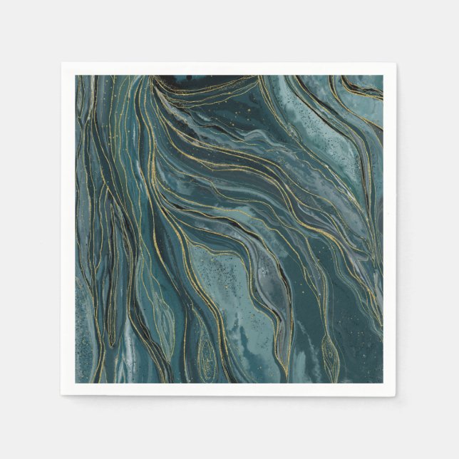 Servilleta De Papel Olas abstractas de acuarela azul turquesa dorado (Anverso)