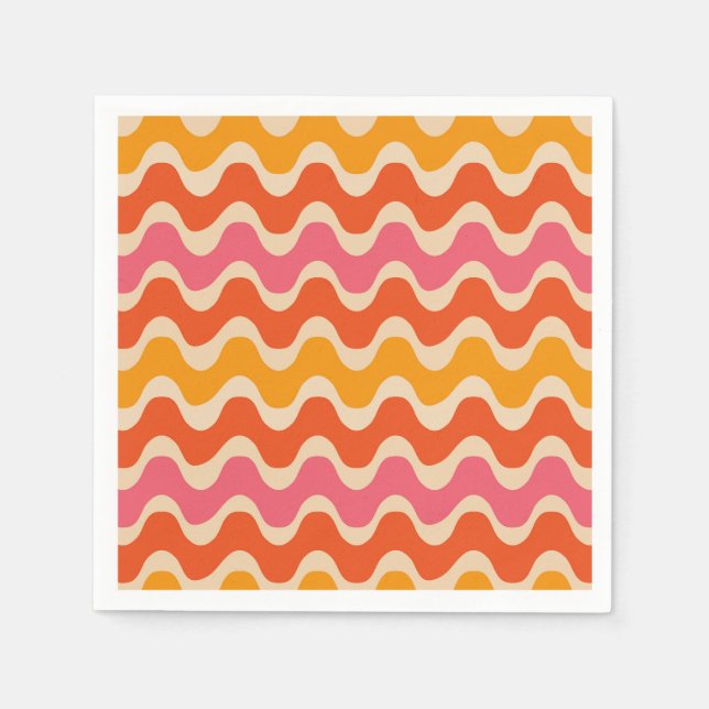 Servilleta De Papel Olas de estilo retro en rosa, naranja y rojo (Anverso)