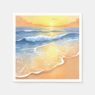 Servilleta De Papel Olas del Océano Atardecer   Acuarela de Playa