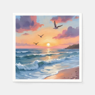 Servilleta De Papel Olas del Océano Atardecer Pintura al Óleo Playa