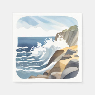 Servilleta De Papel Olas que rompen   Acuarela de costa rocosa