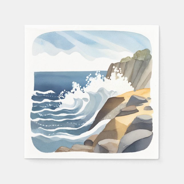 Servilleta De Papel Olas que rompen | Acuarela de costa rocosa (Anverso)