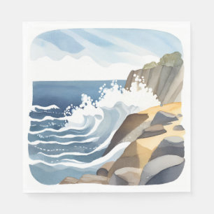 Servilleta De Papel Olas que rompen Acuarela de costa rocosa