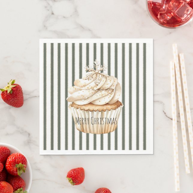 Servilleta De Papel Olive Cream Stripes Snowflake Cupcake Christmas (In situ)