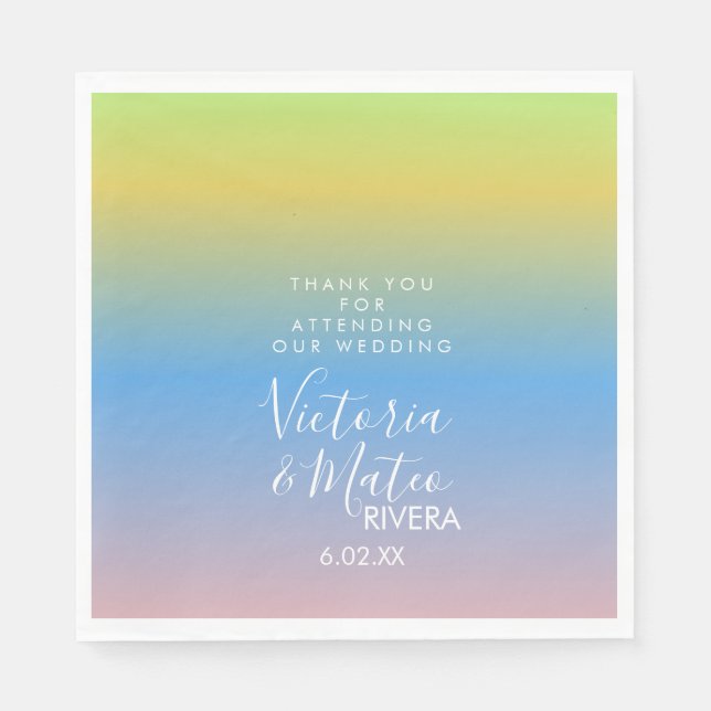 Servilleta De Papel Ombre Arcoíris Amarillo Azul Rosa Boda Agradecimie (Anverso)