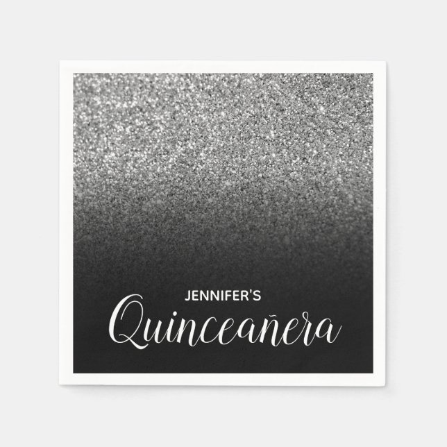 Servilleta De Papel Ombre Quinceanera, Purpurina negro y plateado (Anverso)