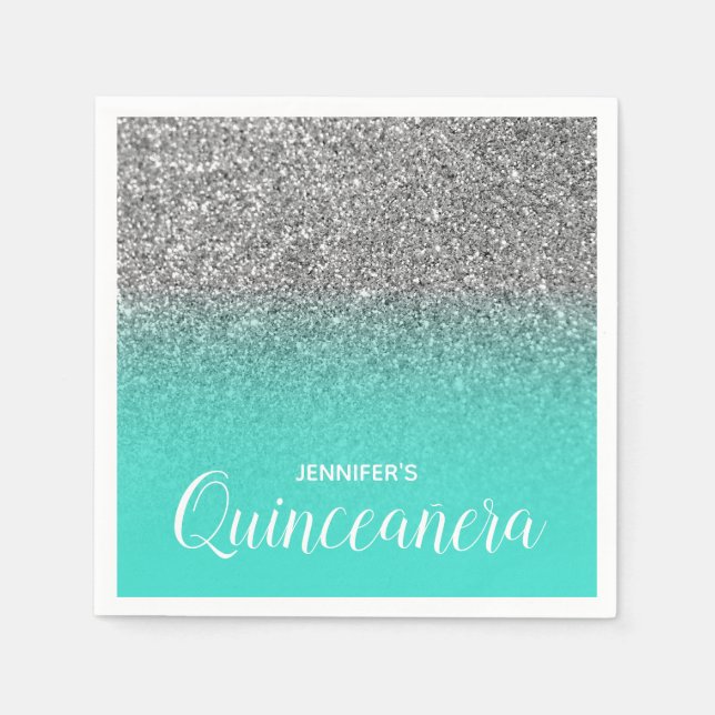 Servilleta De Papel Ombre Quinceanera, Purpurina turquesa y plateado (Anverso)