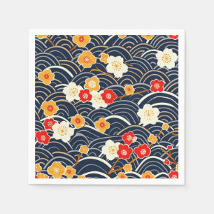 Servilleta De Papel Onda Japonesa de Ciruela Floral Patrón en Azul Mar